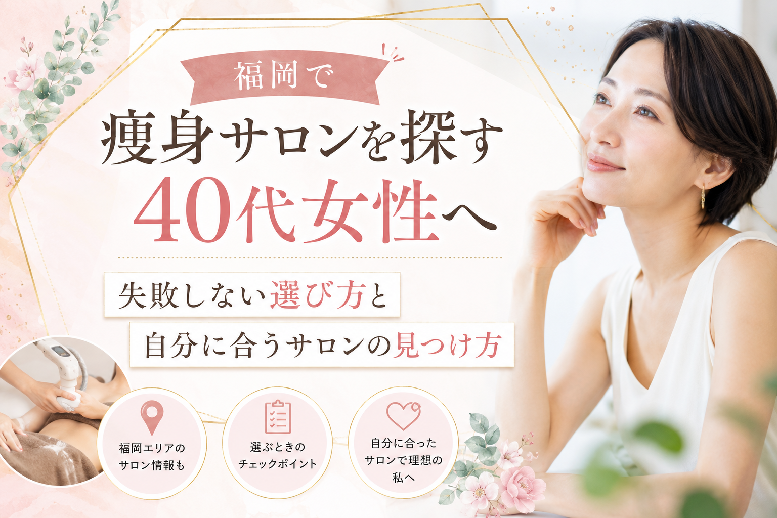 福岡で痩身サロンを探す40代女性に向け、穏やかな表情の女性と施術風景を添えて、失敗しない選び方と自分に合うサロンの見つけ方を伝える