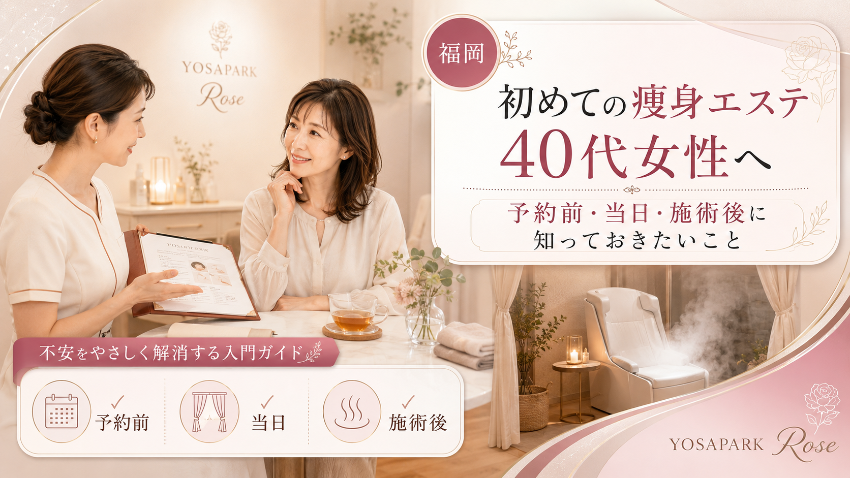 福岡で痩身エステが初めての40代女性に向けて、女性スタッフとの相談風景と個室の温活空間を通じ、予約前・当日・施術後の流れを分かりやすく示している構成
