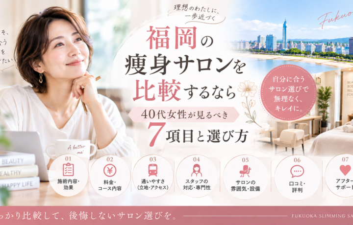 福岡で痩身サロンを比較する40代女性に向け、施術風景とともにカウンセリング、料金、通いやすさ、スタッフ対応、清潔感、口コミなど7つの確認項目を示した構成
