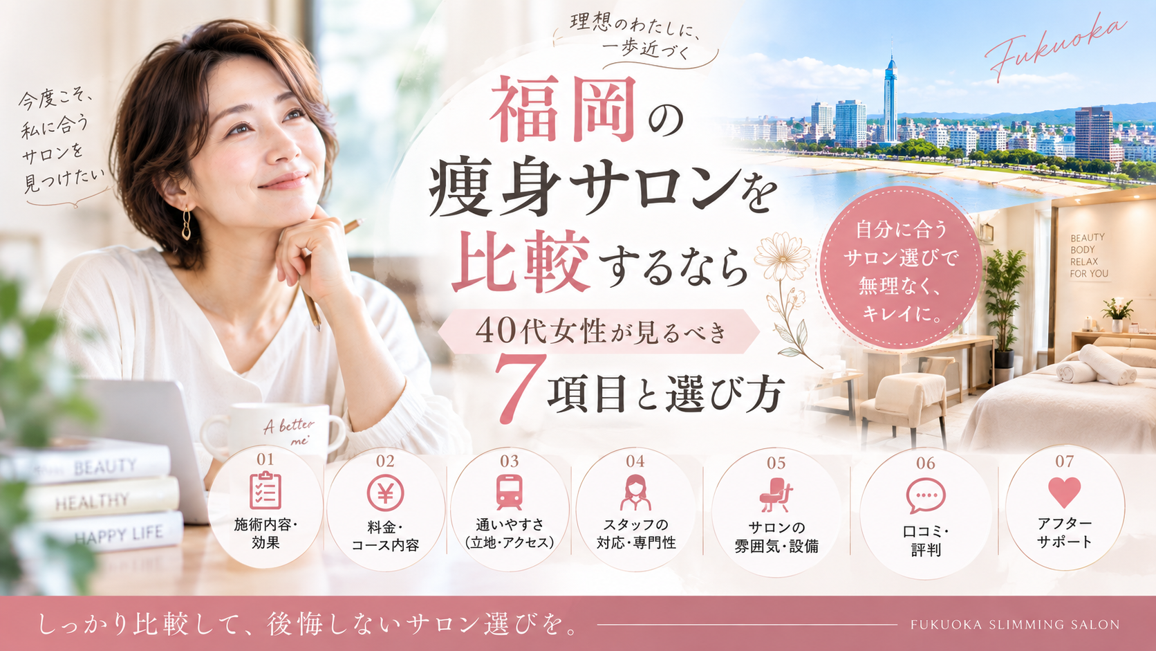 福岡で痩身サロンを比較する40代女性に向け、施術風景とともにカウンセリング、料金、通いやすさ、スタッフ対応、清潔感、口コミなど7つの確認項目を示した構成