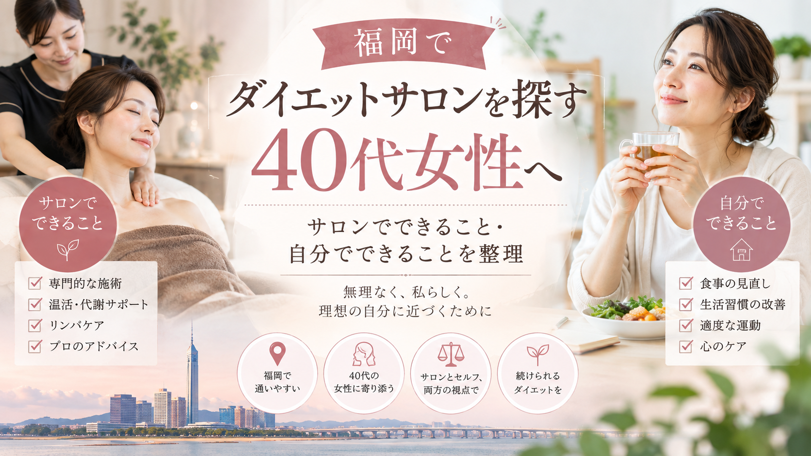 福岡でダイエットサロンを探す40代女性に向け、サロンで受ける施術やサポートと、食事・生活習慣など自分で取り組めることを左右で整理した構成